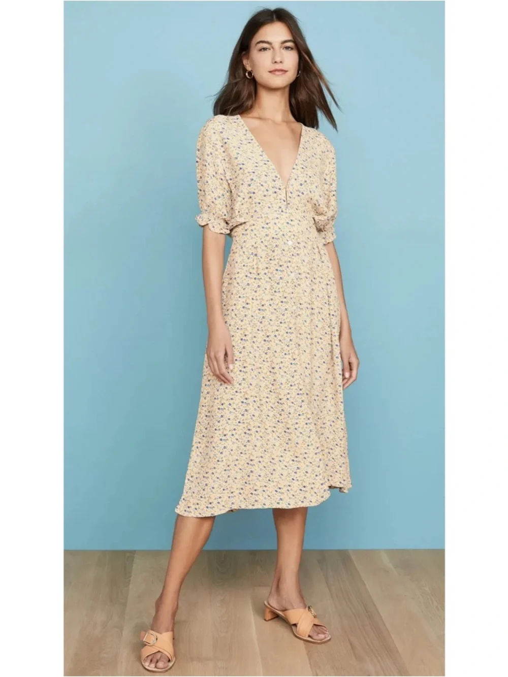 Faithfull the Brand Farrah Midi Dress Cornflower Blue Floral Butter Yellow Large